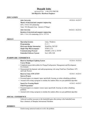 硬件工程师英文简历模板（应届生初级岗位）