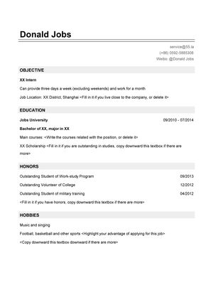 优秀大学生个人求职英文简历模板（突出荣誉和特长）