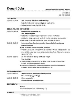 锅炉设计工程师英文简历模板（应届生初级岗位）