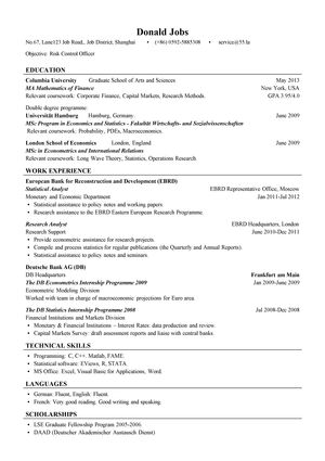 银行风险控制岗位英文简历模板