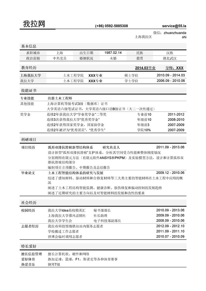 土木工程师简历模板（突出学术科研经历）