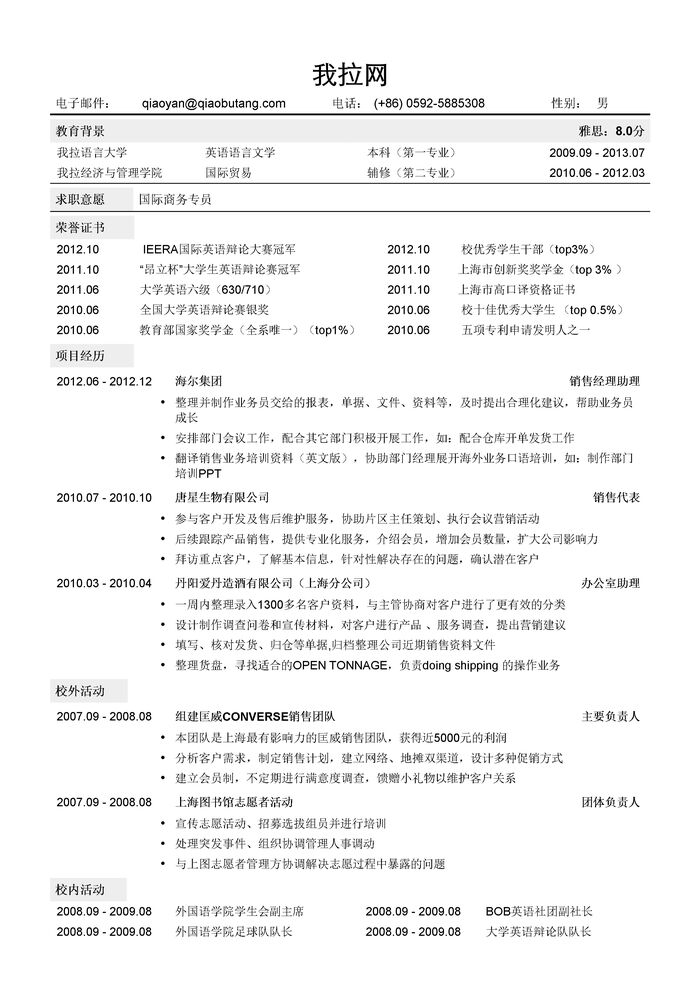 国际商务专员求职简历模板（突出英语能力和荣誉奖励）