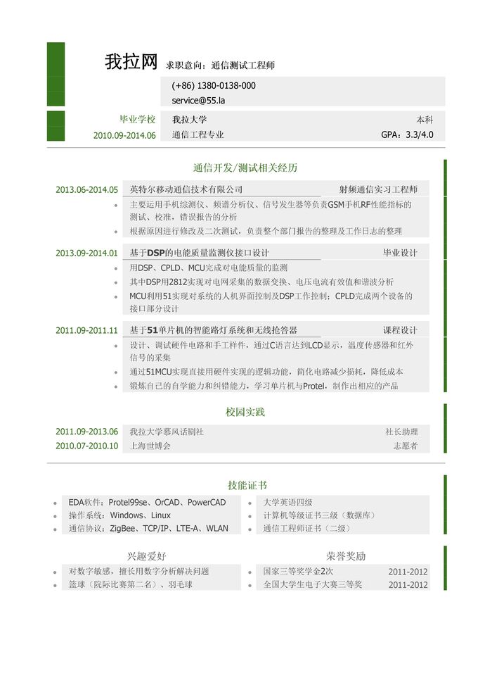 通信测试工程师岗位个人简历模板