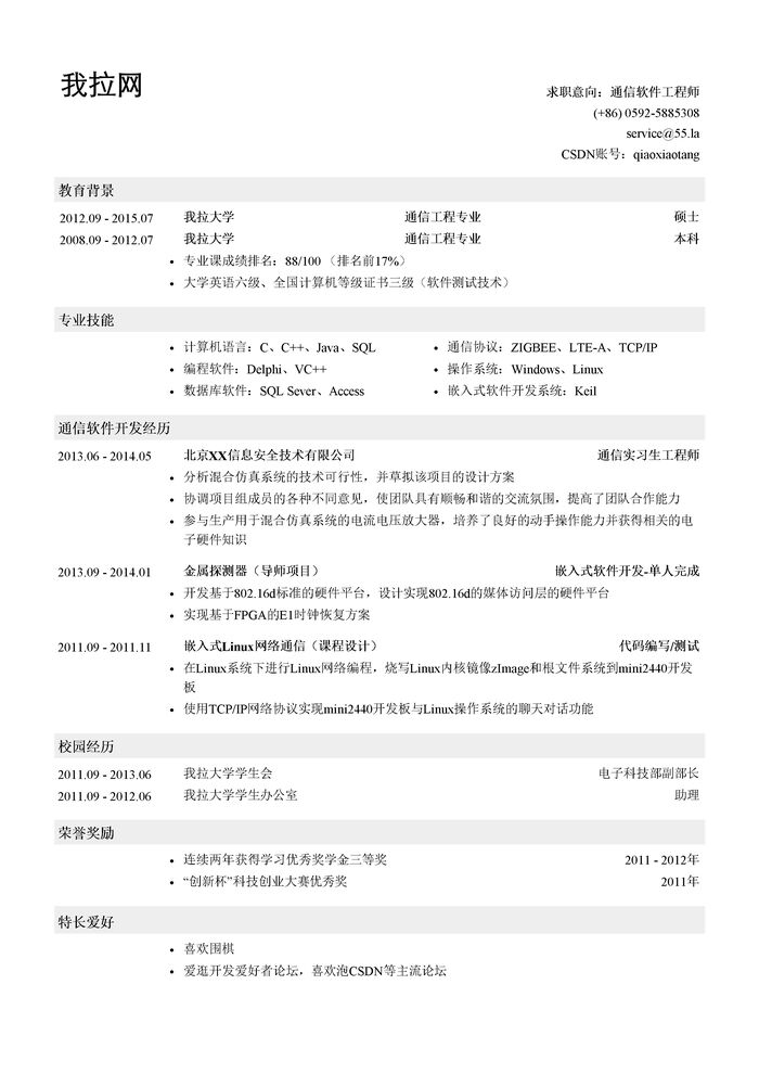 通信软件工程师个人简历模板