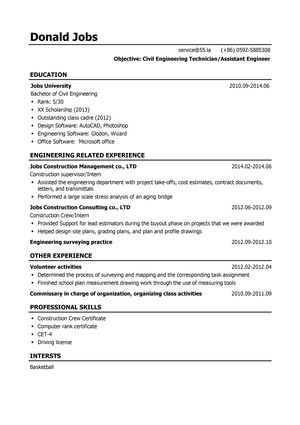 土建技术员/土建助理工程师英文简历模板（应届生初级岗位）