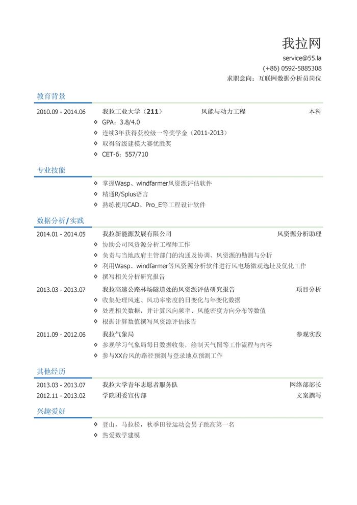 风资源分析工程师简历模板（突出专业能力）