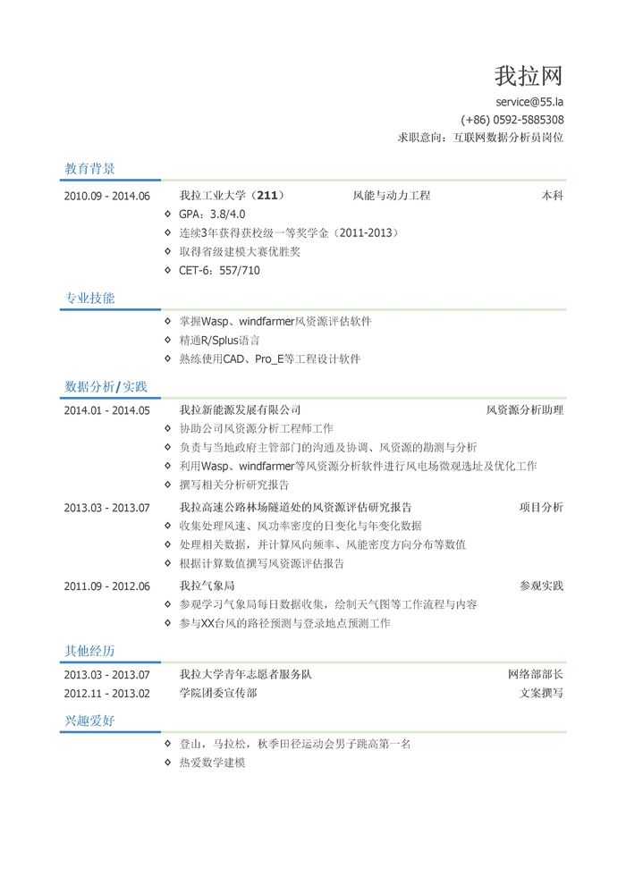 风资源分析工程师简历模板（突出专业能力）