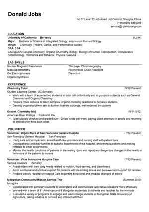 生物学通用英文简历模板(突出实验室技能)