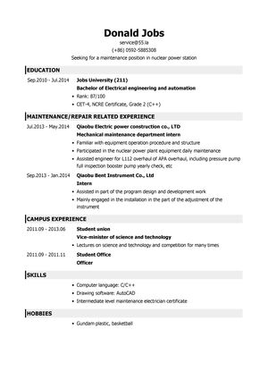 核电站维护支持岗英文简历模板（应届生初级岗位）