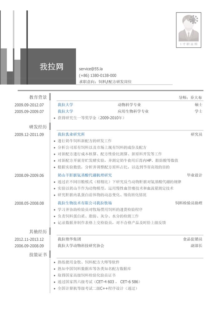 饲料研发/配方研发岗位简历模板