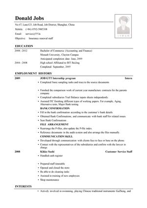 保险续保员英文简历模板