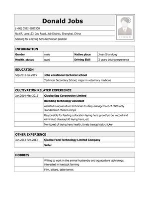 水产养殖技术员/畜牧养殖技术员英文简历模板（应届生初级岗位）