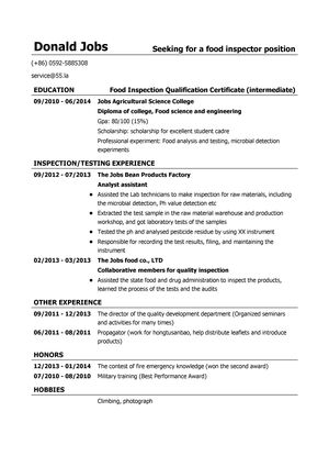 食品检验员英文简历模板（应届生初级岗位）