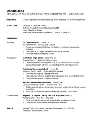 市场营销功能型英文简历模板