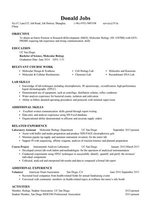 生物产品研发英文简历模板（突出实验技能）