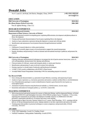 生物产品研发英文简历模板（突出研发技能）