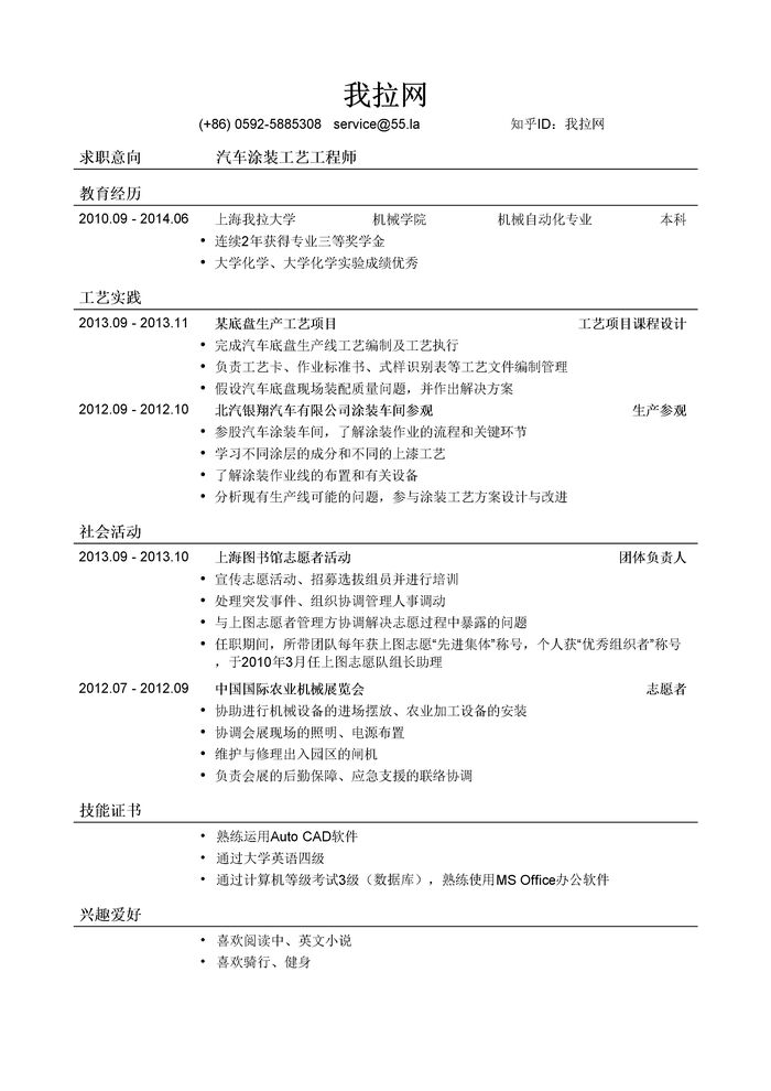 汽车涂装工艺工程师岗位简历模板