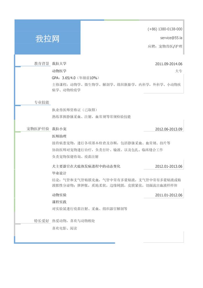 宠物兽医简历模板（有专业技能）