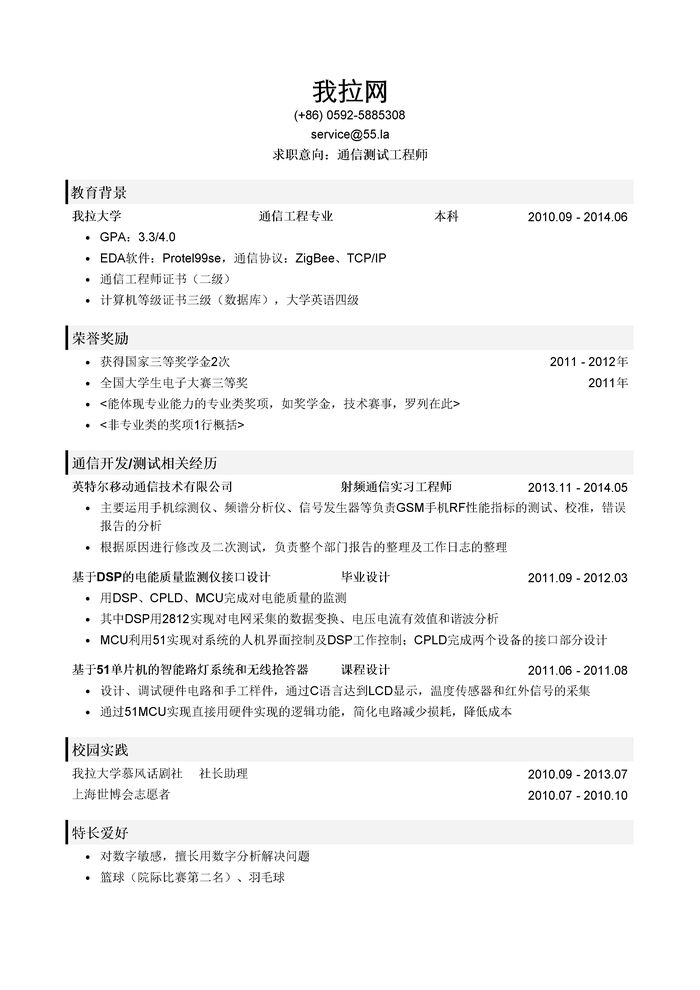 通信测试工程师岗位简历模板（突出荣誉奖励）