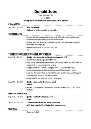 环境检测技术员英文简历模板（应届生初级岗位）