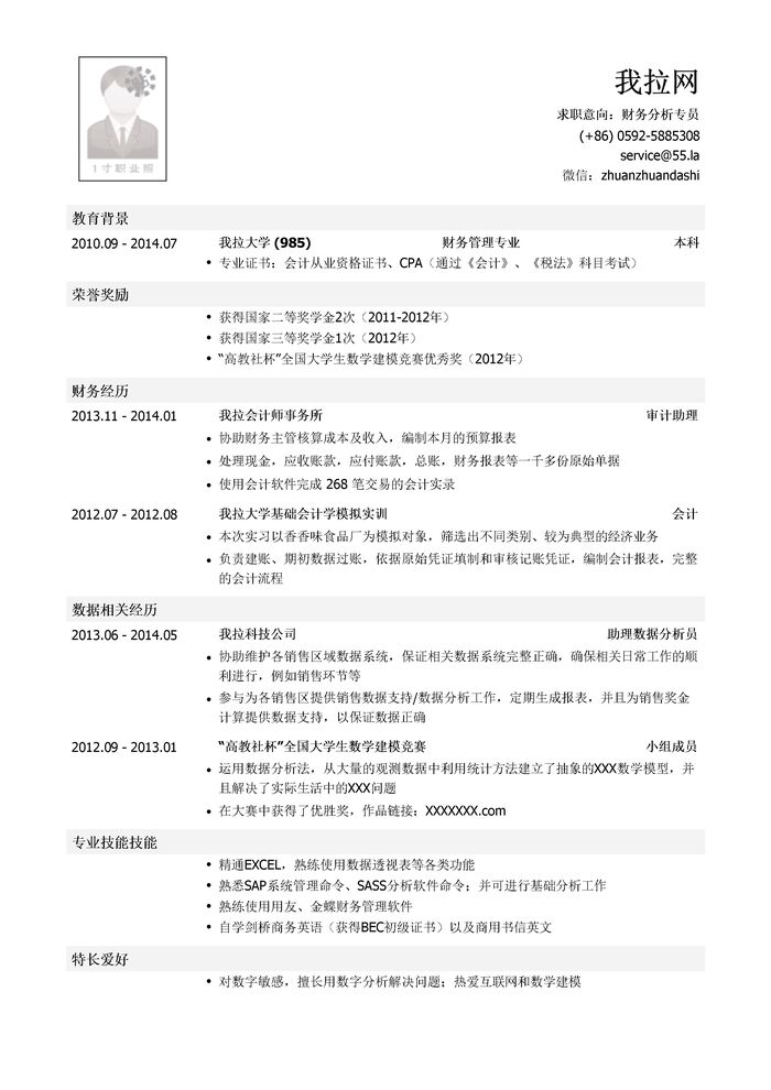 财务分析专员岗位简历模板