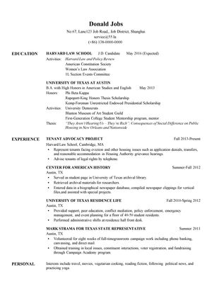 实习通用英文简历模板（一年级法学博士）