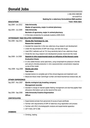 兽药研发英文简历模板（应届生初级岗位）
