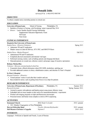 重症监护室护士实习英文简历模板