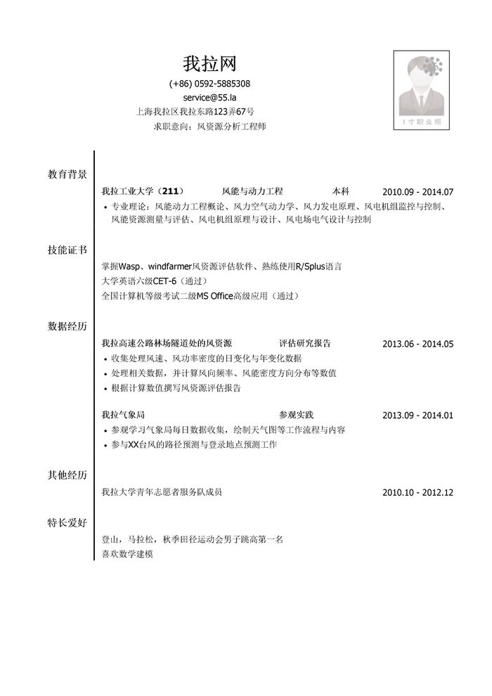 风资源分析工程师简历模板