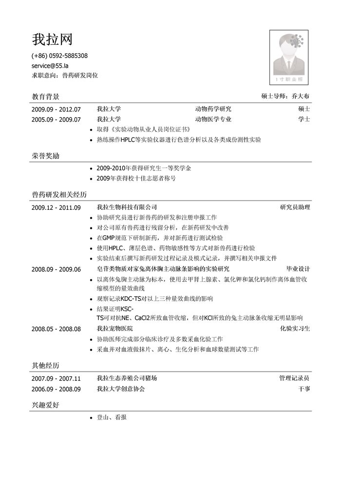 兽药研发简历模板（有荣誉奖励）