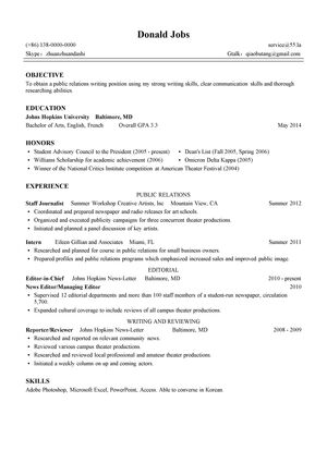 公共关系写作英文简历模板
