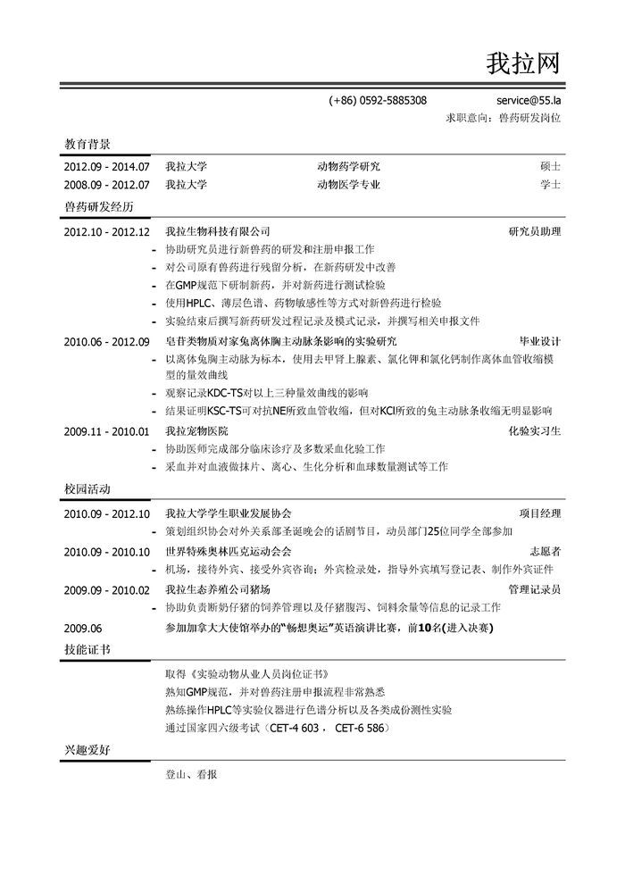 兽药研发简历模板（有活动经历）