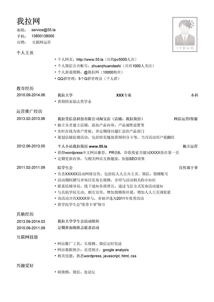 互联网运营岗位简历模板