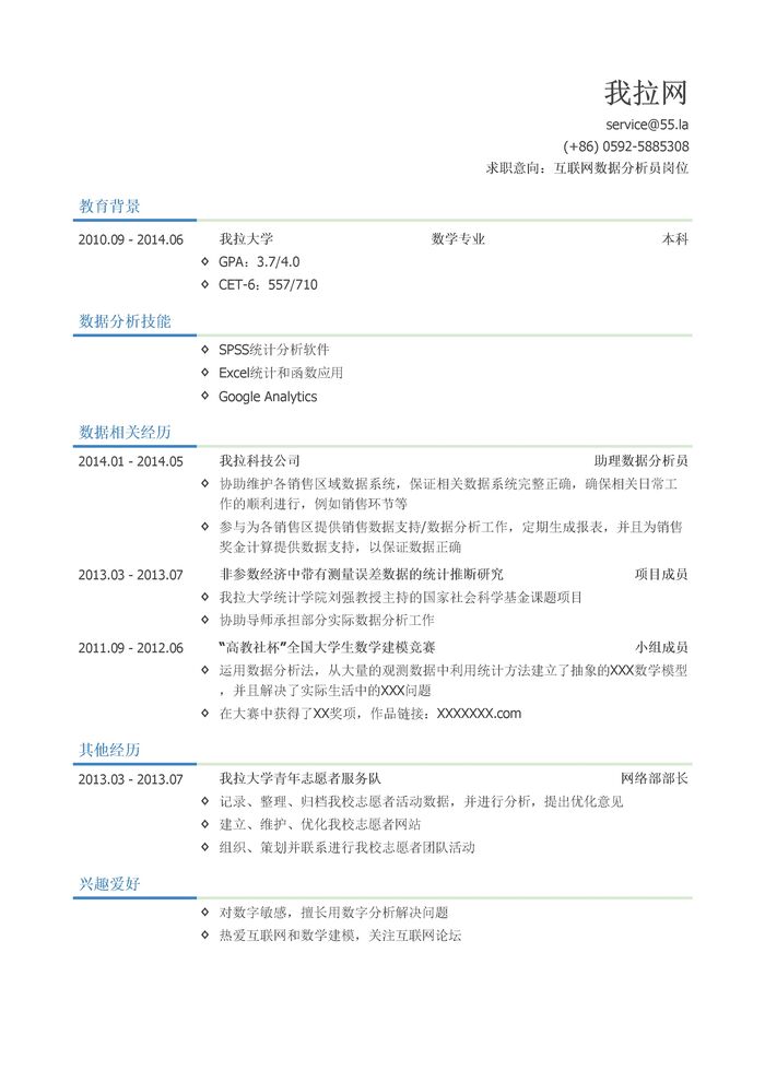 互联网数据分析员简历模板（有数据分析技能）