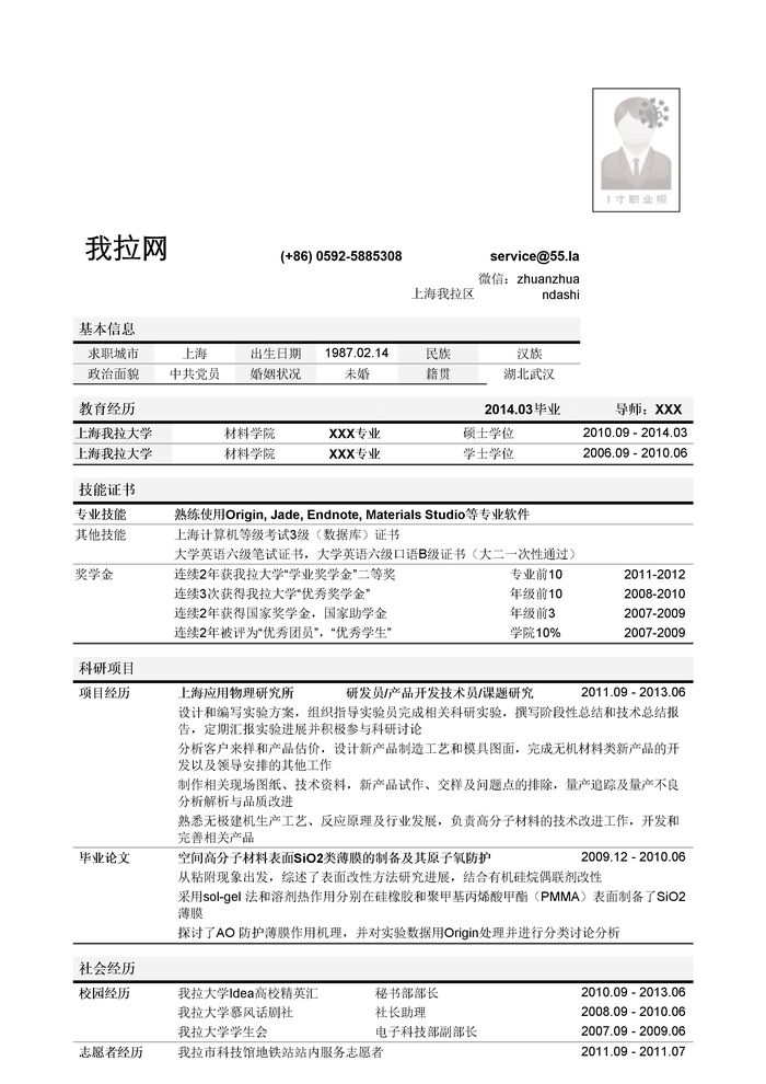 材料研发岗位简历模板（突出学术科研经验）