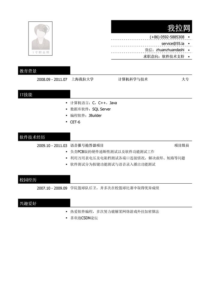 软件技术支持简历模板