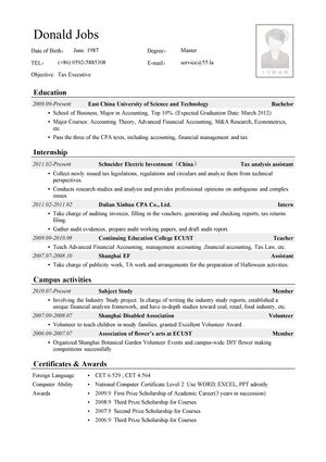税务岗位英文简历模板