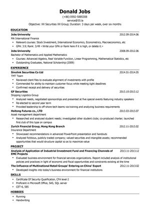 证券公司行研实习生英文简历模板（应届生初级岗位）