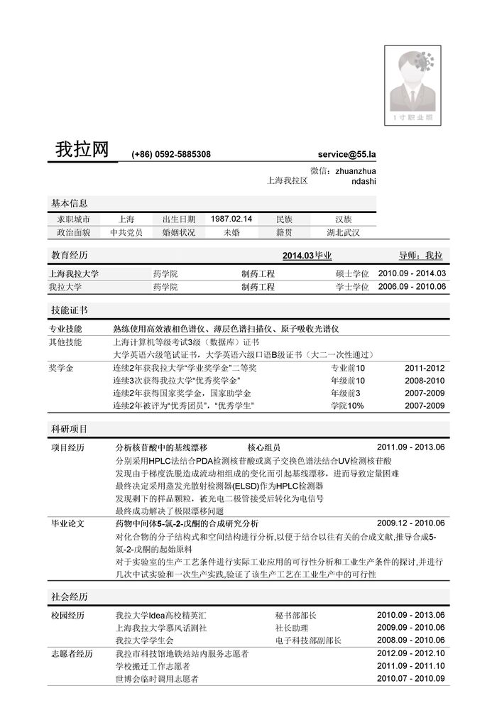 制药工程师简历模板（突出学术科研经历）