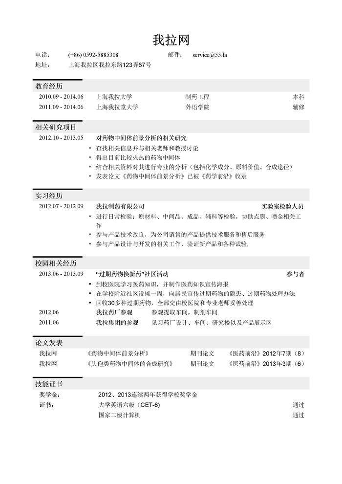 药物类简历岗位（突出研究经历）