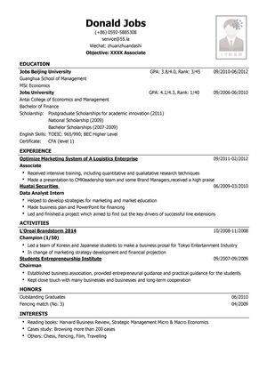 咨询顾问助理英文简历模板（应届生初级岗位）