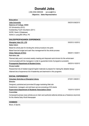 销售代表英文简历模板（应届生初级岗位）