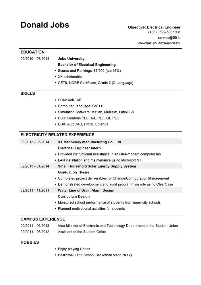 电气工程师英文简历模板（应届生初级岗位）