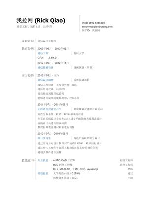 通信设计类简历模板（突出实习经历）